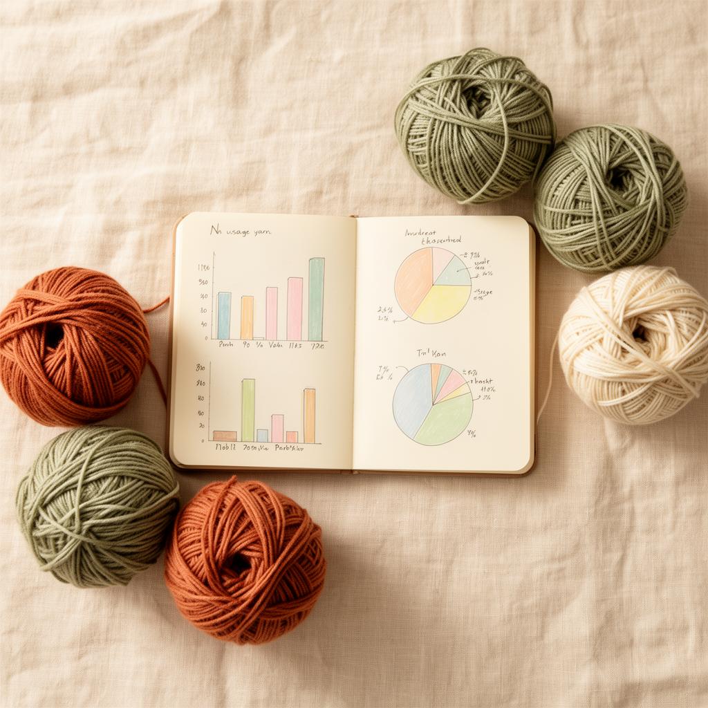 An open notebook with hand-drawn pastel charts surrounded by terracotta, sage, and cream yarn skeins