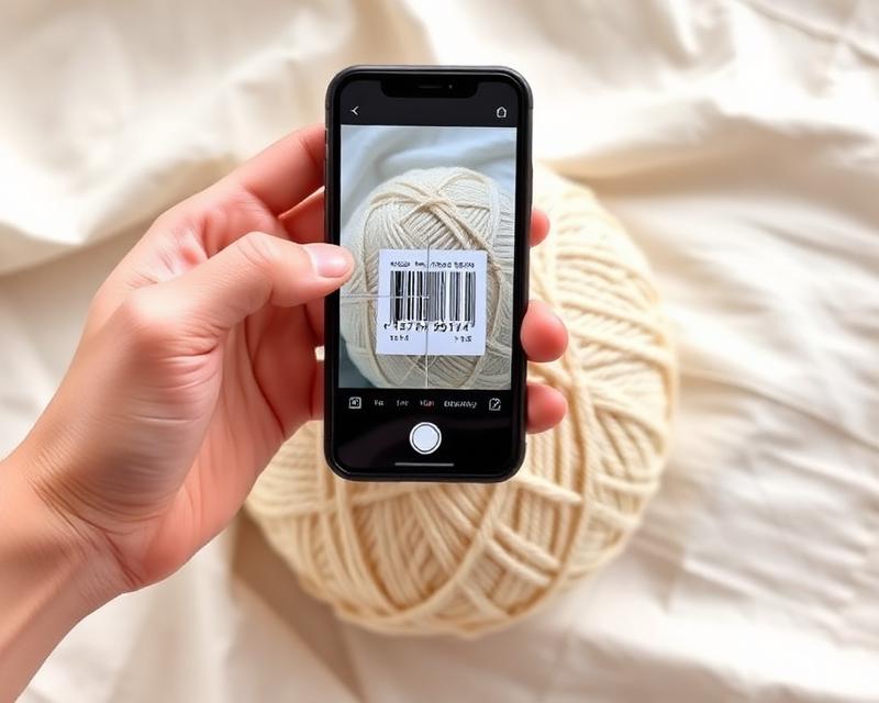 A hand scanning a yarn ball label with a smartphone