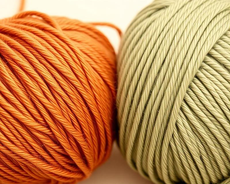A terracotta yarn ball next to a sage green yarn ball, showing texture and gauge